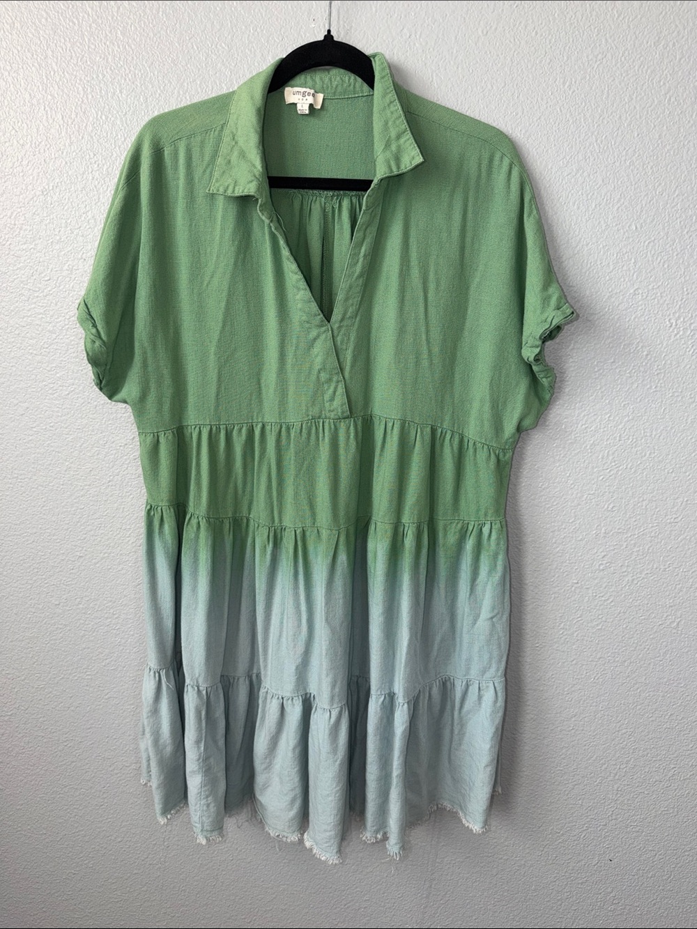 Umgee Green to Pale Blue Ombre Short Sleeve Tiered Dress